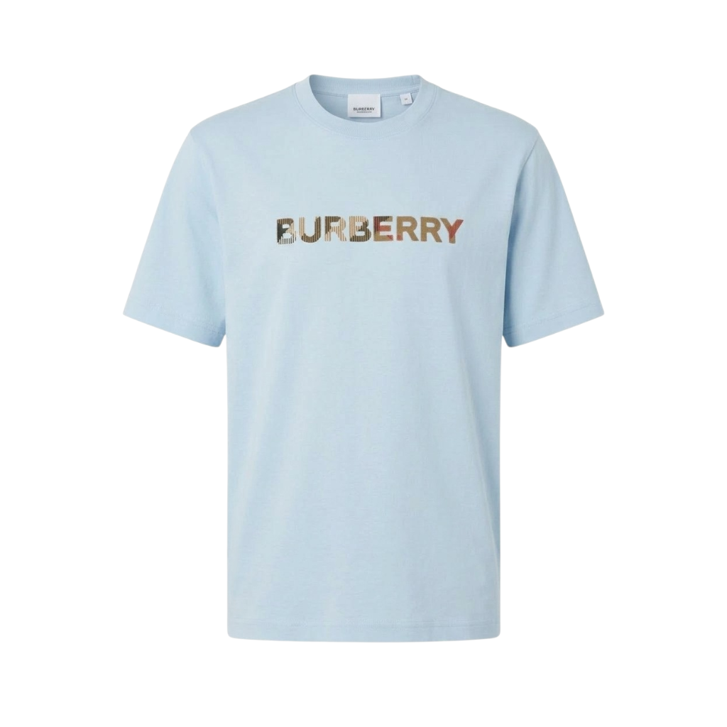 Burberry Check Logo Embroidered T Shirt Pale Blue