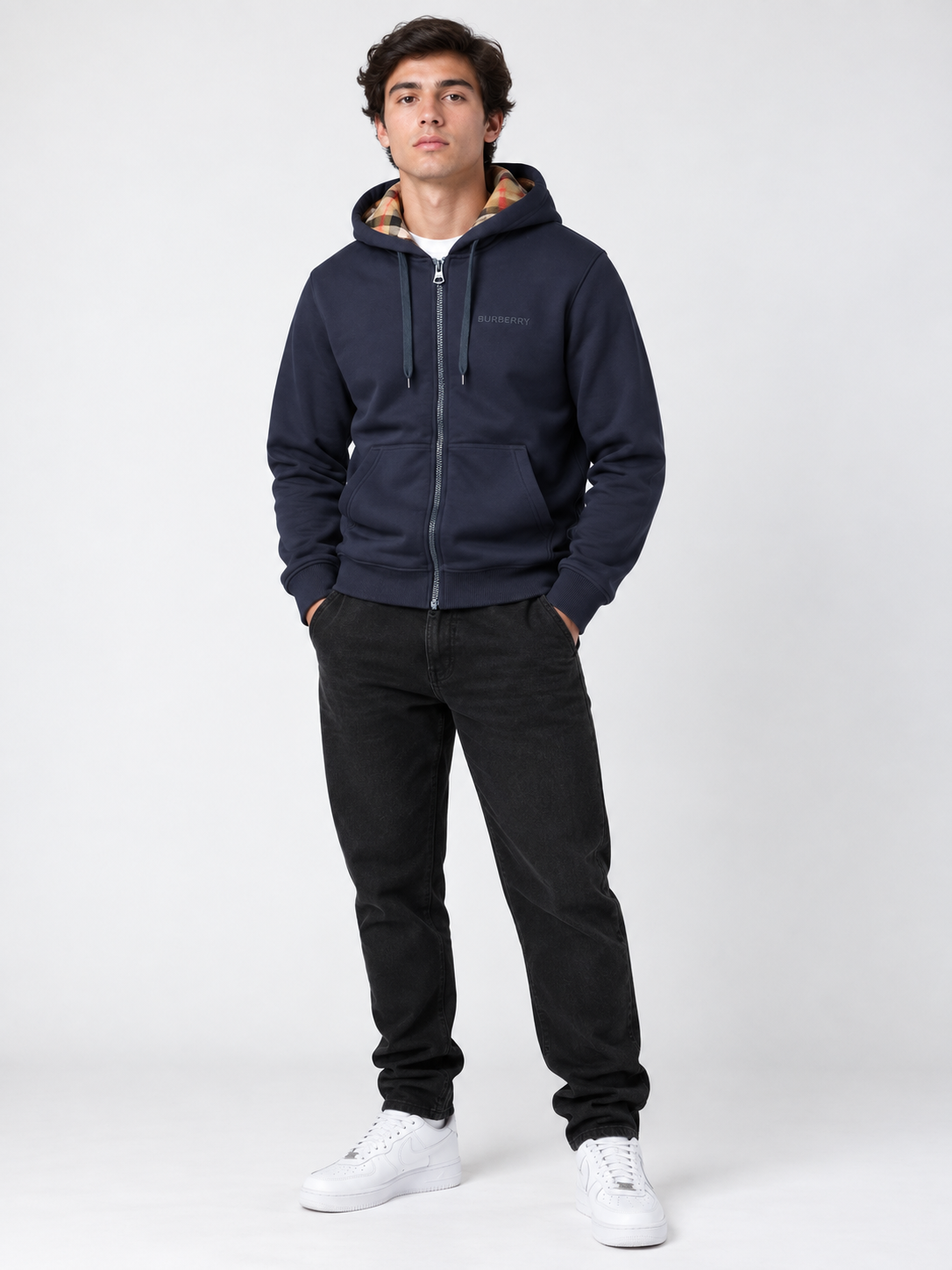 Burberry Check Zip Hoodie Navy