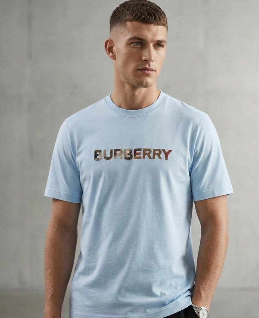 Burberry Check Logo Embroidered T Shirt Pale Blue
