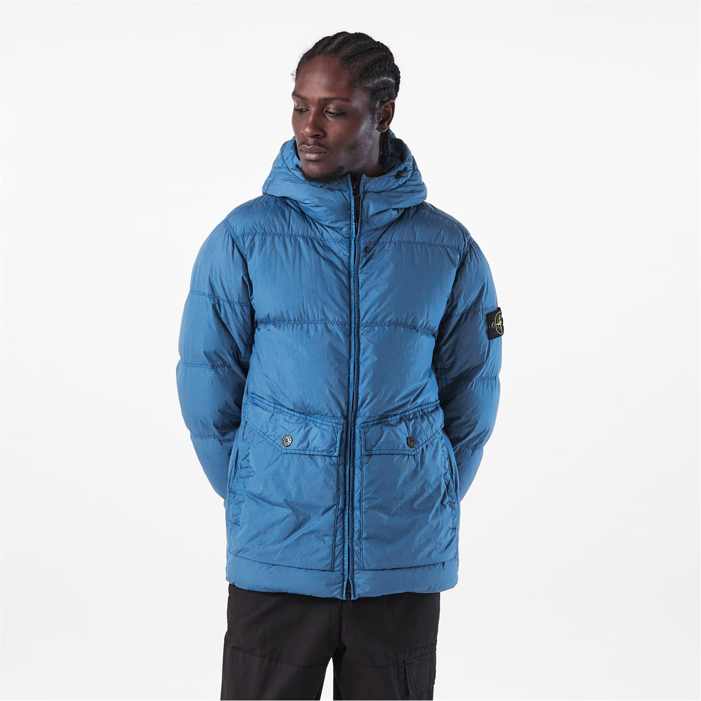 STONE ISLAND Crinkle Reps Hooded Down Jacket Blue