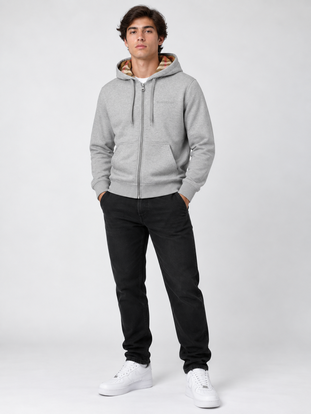 Burberry Check Zip Hoodie Grey